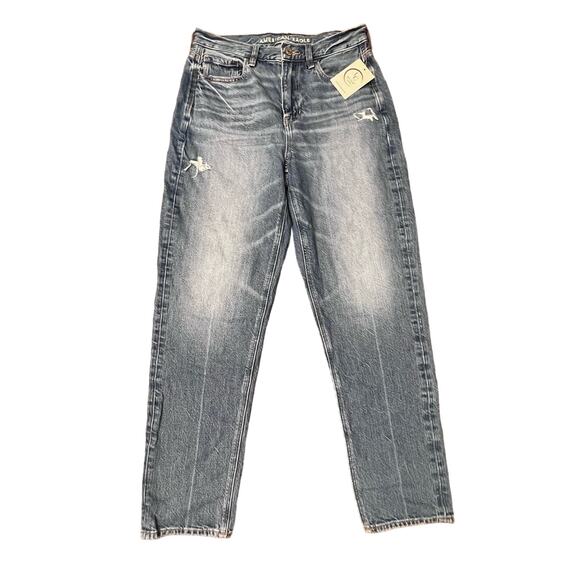 American Eagle AE Blue Denim Jean Straight Regular Destructed Distressed Size 4 - Picture 1 of 10